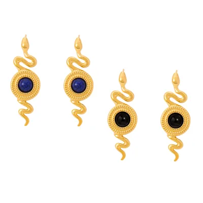 Small Spirit Snake Earrings Texture Round Brand Inlaid with Natural Stone Agate Design Stainless Steel Stud Earrings