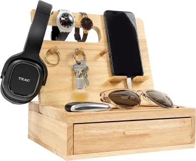 HOT SALE Wood Desk Nightstand Organizer Phone Docking Station Bedside Table Organizer Charging Station for Cell Phone, Wallet, Watch, Key