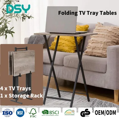 Folding TV Tray Tables, Set of 4 TV Trays with Storage Rack, Industrial Side Table for Eating at Couch, Foldable Snack Table