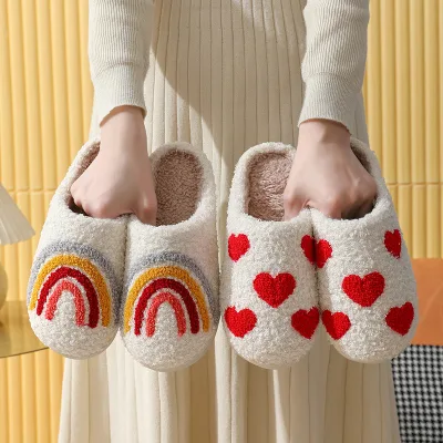 Halloween Cross-border Hot Sale Winter Love Suede Anti-Slip Slippers Women's Wholesale Indoor Home Rainbow Plush Warm