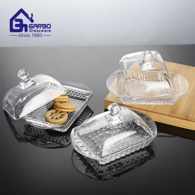 Clear Glassware Jar Glass Square Shaped Lemon Dome for Home Restaurant Glass Butter Dish Tray With Glass Lid