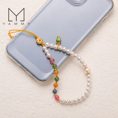 Natural Crystal Stone Beaded Mobile Phone Chains Pearl Beads Phone Custom Lanyard Wrist Strap Keychain
