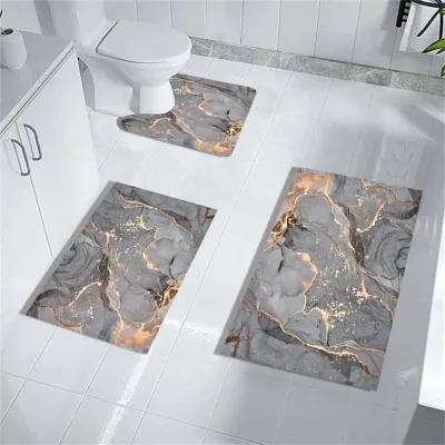 Gray Golden Crackle Marble Shower Curtain Set Modern Creative Marble Texture Fabric Bathroom Decor Curtain and Non-Slip Bath Mat