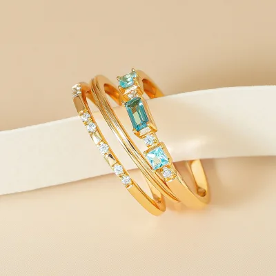 Fashion Wholesale 925 Silver Vintage Style Rings Set Blue Zircon Inlaid Gold Plated 3 Pieces Rings Set for Women