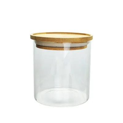 56H High borosilicate glass storage jar with fluted bamboo lid stackable kitchen storage transparent display jar