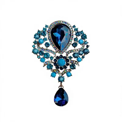 Retro Blue Crystal Big Waterdrop Pendant Brooch for Women Full of Rhinestone Brooch Pin Clothing Accessories Vintage Jewelry
