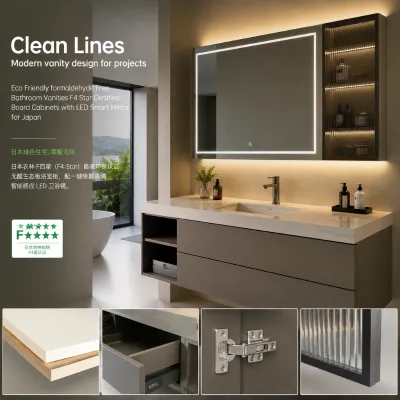 Custom Double Basin Bathroom Vanities Sintered Stone Top Waterproof Lacquer Finished Cabinets for Boutique Hotels
