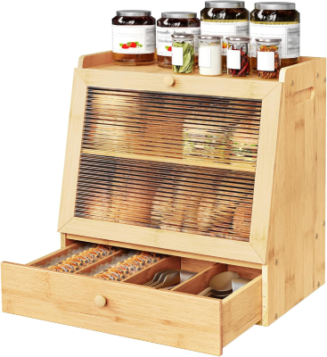Modern Bamboo Bread Box Acrylic Door Aluminum Rectangle Kitchen Countertop Food Storage Container Lacquer Reusable Preservation