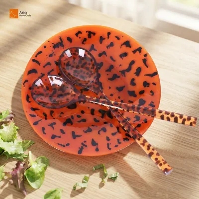 2-Piece Eco-Friendly Salad Spoon Server Set Leopard Style Shiny Resin Long Handle Modern Design Handmade ALEO Brand More Serving