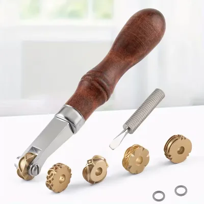Interchangeable Brass Leather Embossing Roller Stamps Set, Handheld Leather Craft Rolling Tool with Replaceable Pattern Wheels