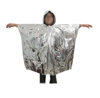 One Size Fits All Foil Mylar Thermal Emergency Disposable Waterproof Survival Poncho Solid Adult Hooded Raincoat for Outdoor