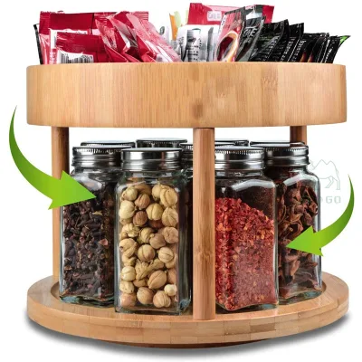 2-tier Lazy Turntable Kitchen Organizer Wooden Storage Container Bamboo Spinning Spice Rack Holder