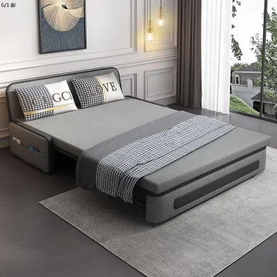 Sofa Bed with Pull-out Base Storage Pocket for Living Room Gray Leather Curved Headboard Convertible Couch Black Piping Canape