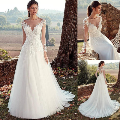 Wedding Dress Bridal Dresses Sexy V Neck Bride Lace Skirt Long sleeves Simple White Ivory