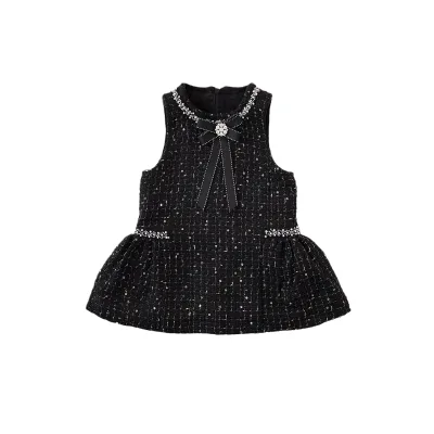 Cute Sleeveless Black Tweed Style Dress for Girls Luxury Hot Rhinestone Embellished Vacant Skirt Cartoon Pattern Baby Dress