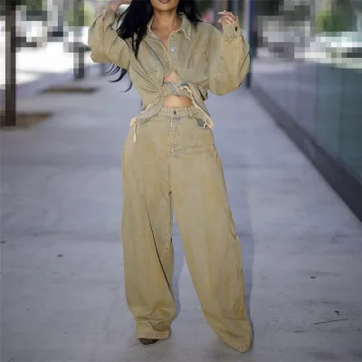 ZHEZHE Unique Vintage Casual Washed Denim Shirt Top With Denim Jeans Matching Sets Two Piece Pants Set Women'S Sets