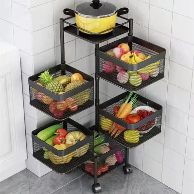 Thickened Rotating Carbon Steel Kitchen Rack Household Storage Shelf for Fruits Vegetables Snacks; Freestanding Movable Rack