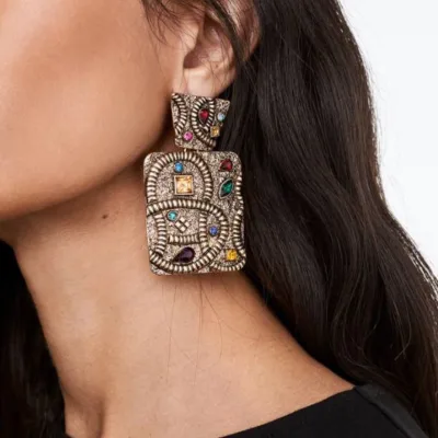 New Arrival Jewelry Fashion Vintage Artificial Gemstone Dangle Drop Earrings Rhinestone Geometric Retro Antique Gold Earrings