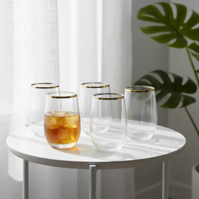 12 oz Customized LOGO Gold Rim Eco Friendly Shatterproof Reusable PET Wine Glasses Stemless Party Use