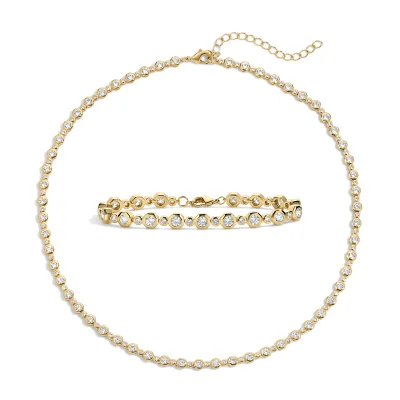 Gemnel Real Gold Plated 925 Silver Bezel Set White Zircon Tennis Necklace Hexagon Bracelet Matching Fine Jewelry Set for Women