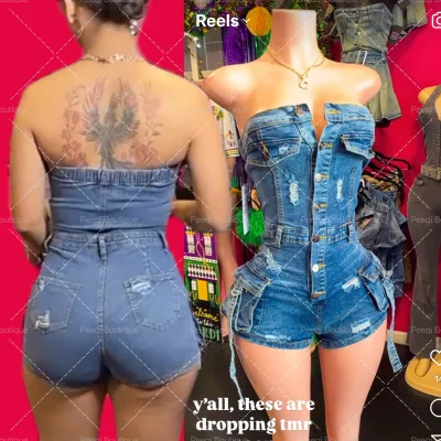 Peeqi NY8187 Sexy High Stretch Denim Off Shoulder Bodycon One Pieces Rompers Women Pockets Sleeveless Jeans Jumpsuits Women
