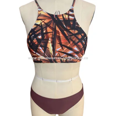 Print High Neck Bikini set. Sporty swimwear with plain bottom. Padded swimsuit.