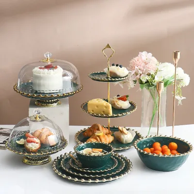 Modern Luxury Gold Beads White Green Porcelain Dinner Plates Fruit Dessert Tray Cake Table Stand for Party Wedding Decoration