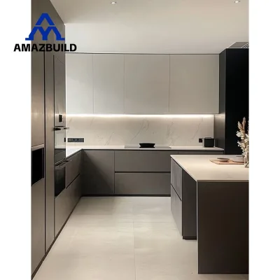 AMAZBUILD White Gray Handless IslandLacquer Kitchen Cabinet Customized Fitted Cabinets for Home