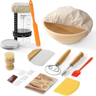 Complete Bread Proofing Basket Kit | All-in-One Set (9 In) Sourdough Starter Jar Kit Glass Stainless Steel Bread Lame