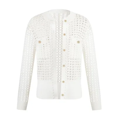 OEM White Blouse Cardigan de mujer sueteres para mujer Organic Cotton Sweater Women Hollowed Out Knitted Cardigan