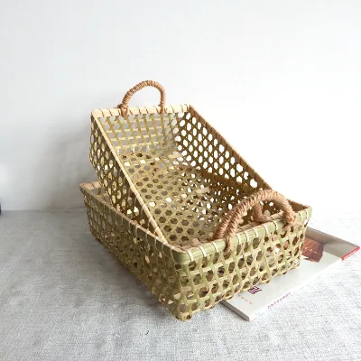 Handmade Eco-Friendly Reusable Bamboo Storage Basket Fruit Vegetable Food Tray Kitchen Home Use Household Wood Storage