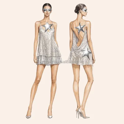 Custom Spaghetti Strap Draped Backless Sequin Sexy Clubwear Nightclub Birthday Nigh Club Shorts Mini Dress for Women Ladies