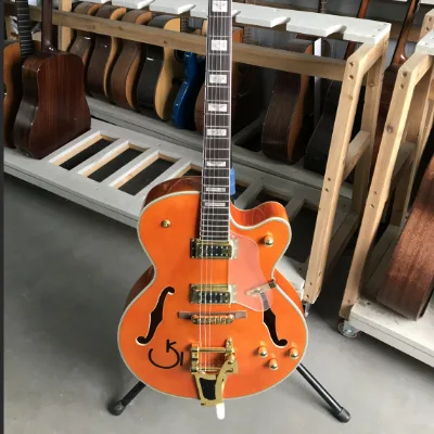 Orange Hollow Body Electric Guitar for Tremolo Pedal Glossy Finish H-H Pickups Ready to Ship