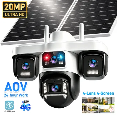 20MP 10K Outdoor 4G Dual Solar Panel Camera Four Lens Four Screen Ptz Motion Detection Alarm 24/7 Hour Online Aov 16000mAh