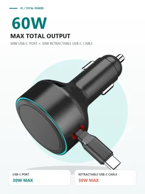 60W Pull-cord OLIVER Fit Car Charger PD 30W Fast Charging Retractable USB-C Cable Compatible Apple Android Cigarette Lighter