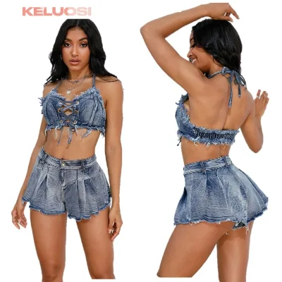 High Waist Mini Pleated Denim Shorts Two Piece Set Women Streetwear Summer Eco-Friendly Waterproof Washed Jean