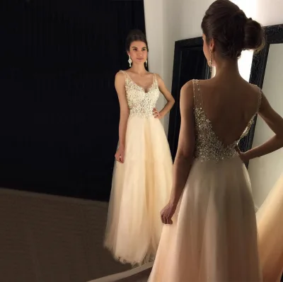 A Line Beaded Lace Champagne Color Backless Evening Gowns Dresses Turkey
