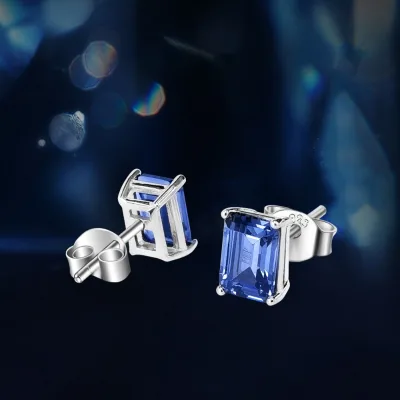 Tanzanite Emerald Cut Rectangle Stud Earrings 925 Silver Women Elegant Fine Jewelry Wedding Party Daily Wear Chic Birthday Gifts