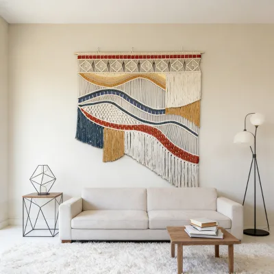 Modern Bohemian Macrame Wall Art with Wave Details for Contemporary Home Interiors & Minimalist Office Spaces