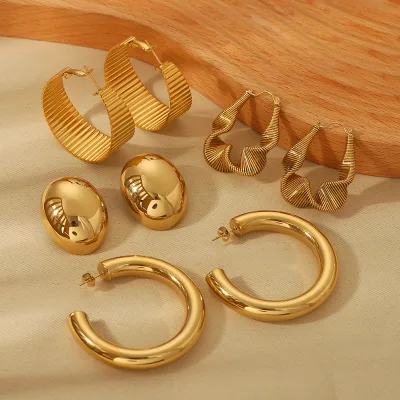 Stainless Steel 16K Gold Plated Geometric Threaded Stud Earrings Minimalist Chic Hypoallergenic Jewelry for Women