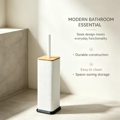 Square Concave Hammer Pattern Bamboo Lid Toilet Brush