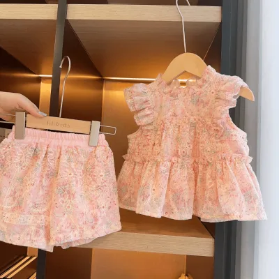 New Summer Girls' Casual Two-Piece Suit Pink Embroidered Flying