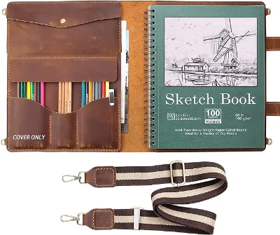 Handmade Leather Sketchbook Cover Artist Sketch Pad Holder for 9"X12" Sketchbook Drawing Book and Pencil Case