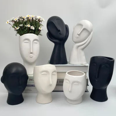 Hand Painted Face Vase Set 2, White Modern Vase,Custom Ceramic Statue Human Face Vase Decor