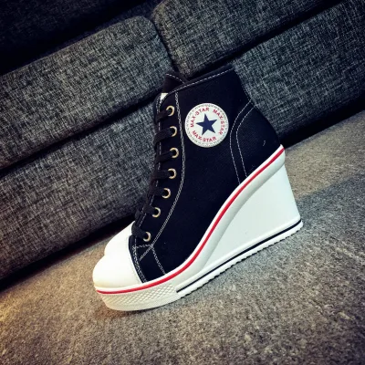 Women High Top Canvas Hidden Wedge Sneakers Casual Fashion Platform Shoes Breathable Lace up Streetwear Wholesale