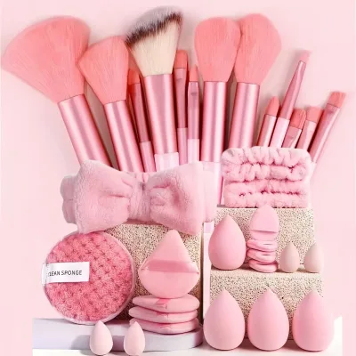 Blnieece 20Pcs Pink Beauty Sponge Set Soft Makeup Blender Facial Cleansing Puff Bow Hair Band Washable Custom Logo Cosmetic Tool