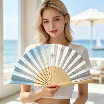 BSBH Wooden Handle Fan Stain Wood Blue Design Folding 23cm for Party Favor Gift Box Decor