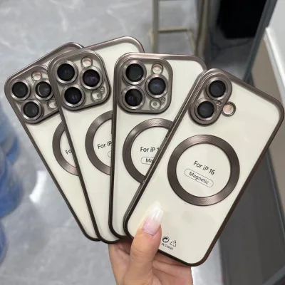 Matte Desert Titanium Color Magnetic Case for IPhone 16 Pro Max 17 Pro 15 Luxury Plating Clear Soft Phone Case With Lens Flim