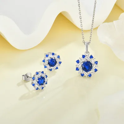 Snowflake Blue Cubic Zircon Jewelry Set Silver Plated Pendant Necklace Stud Earrings Wedding Bridal Wedding Jewelry Set