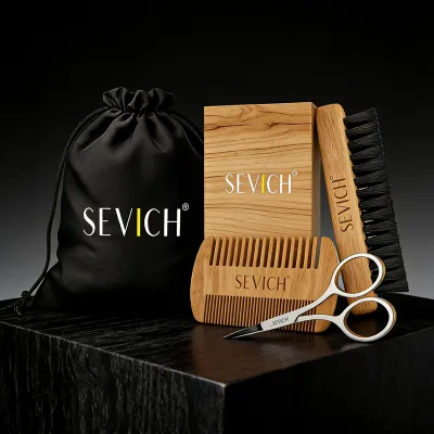 SEVICH Wholesale Beard Care Kit Custom logo Gift Box Natural Wooden Beard Comb Beard Trimmer for Men Full Set